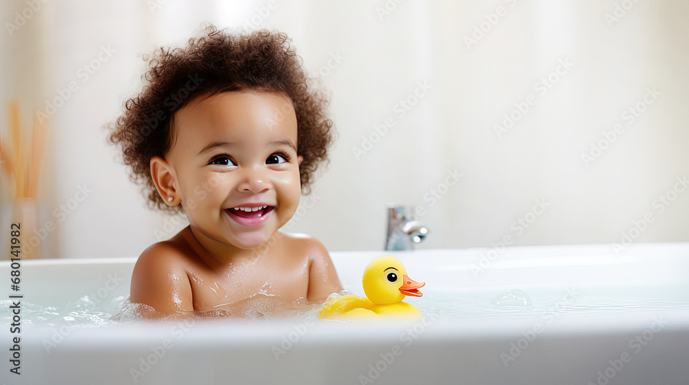 cute curly african american kid baby girl toddler taking a bath with yellow rubber duck toy smiling and looking at camera with copy space. baby care concept. Ai. cute curly african american kid baby girl toddler taking a bath with yellow rubber duck toy smiling and looking at camera with copy space. baby care concept. Ai.