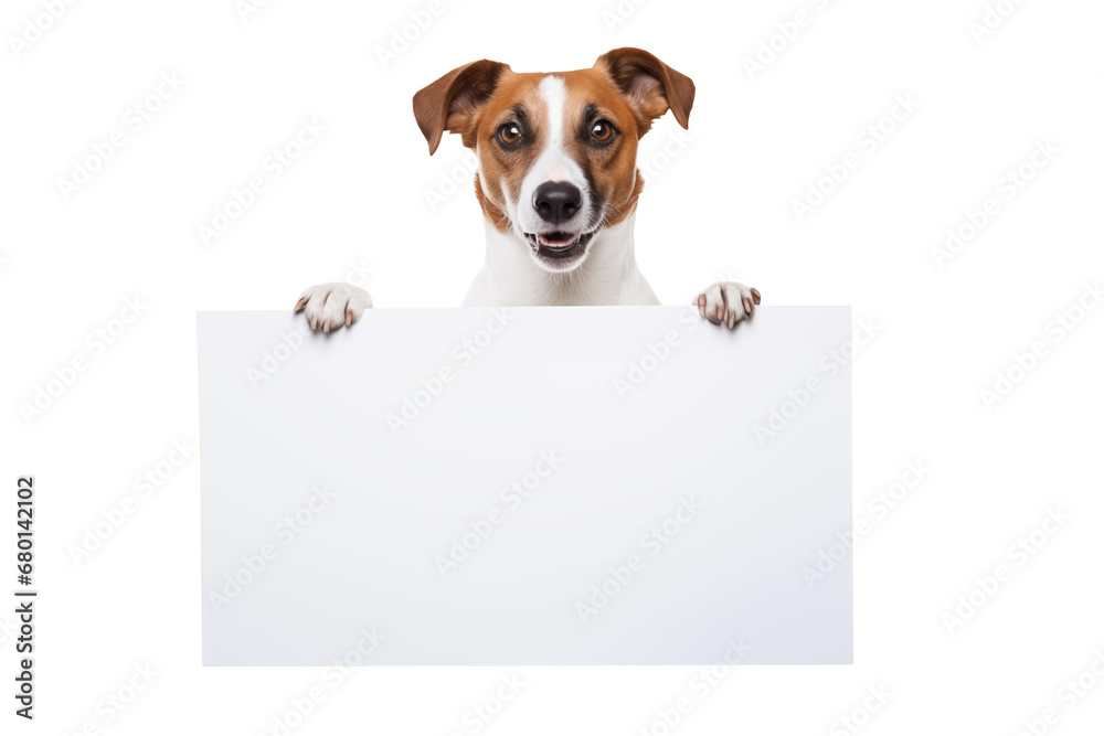 Jack russell terrier dog  holding a white blank paper or placard  with room for your marketing text. Isolated on transparent background. For web banner or social media cover - obrazy, fototapety, plakaty 