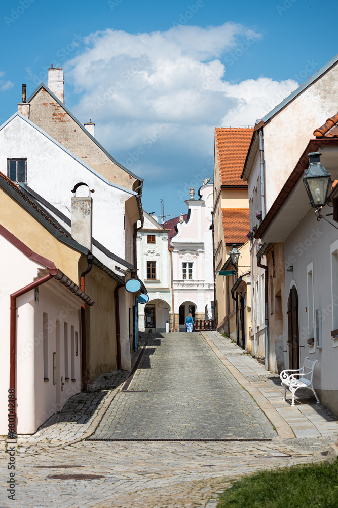 Telc town side street with old buildings, Czechia