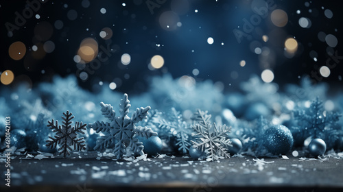 Snowflakes macro, bokeh background. Merry Christmas and Happy Holidays greeting card, frame, banner. New Year. Noel. Winter xmas theme. © elenabdesign