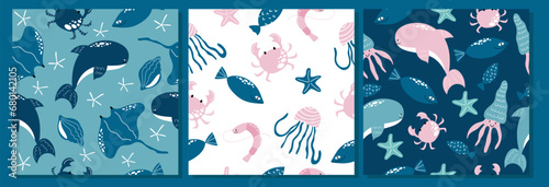 Set of seamless patterns with hand drawn underwater animals.