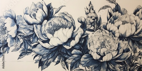 Wallpaper Mural AI Generated. AI Generative. Retro vintage paint drawing ink sketch peonies flowers in blue old style. Can be used for decoration of wedding card or romantic fashion postcard.  Graphic Art Torontodigital.ca
