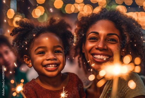 Festive Delight Afro-American Woman and Child with Sparklers on Christmas Eve © artefacti