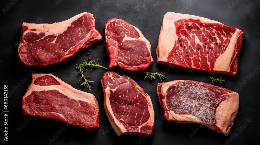 A few pieces of fresh beef on a black stone slab