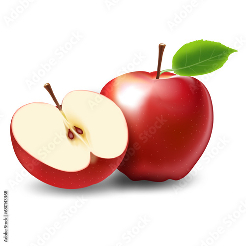 3d realistic red apple isolated white background. vector illustration, whole and slice of apple, apple