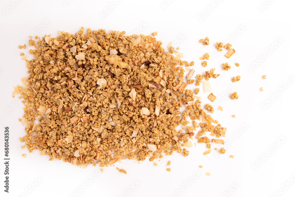 muesli pile or crunchy granola isolated on white muesli pile or crunchy granola isolated on white