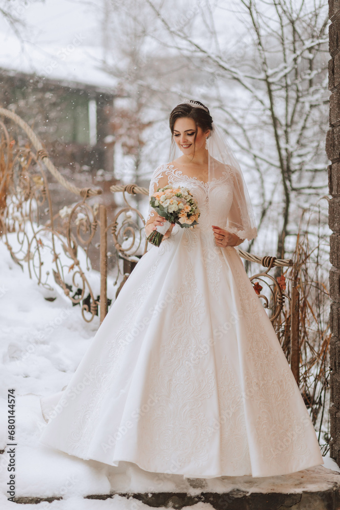 Happy bride in a beautiful dress against the background of snowy mountains. Winter wedding. Portrait of a beautiful bride in a white fur coat and wedding dress Happy bride in a beautiful dress against the background of snowy mountains. Winter wedding. Portrait of a beautiful bride in a white fur coat and wedding dress