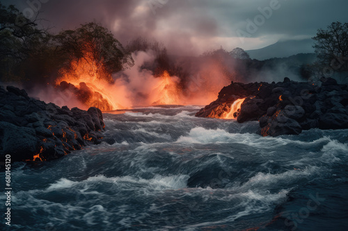 A stream of lava from a volcano flows into a river