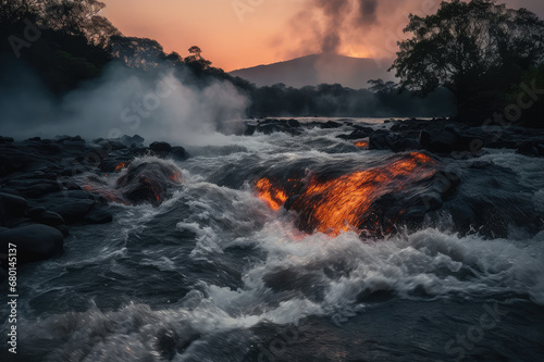 A stream of lava from a volcano flows into a river photo