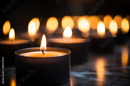 Lighted candles are placed on the table in front of a blurred light spot background