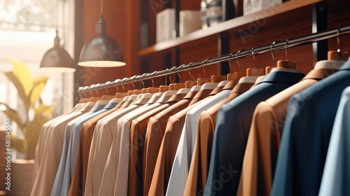 Men's tops hanging neatly on a rack in a room photo