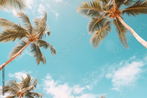 Looking up in the sky at the palm trees