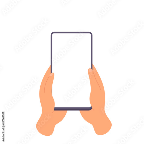 Hands hold vertically mobile phone with blank screen. People arms are touching smartphone display. Phone mockup. Flat cartoon vector illustration isolated on white background