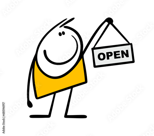 Funny cute stickman holds a sign with the inscription open in his hand. Vector illustration of doodle boy attracts attention, invites you to a cafe or shop.