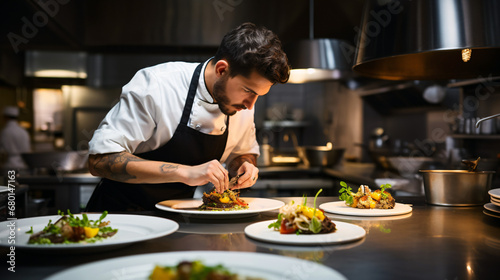 Male chef plating food in plate while working in commercial kitchen