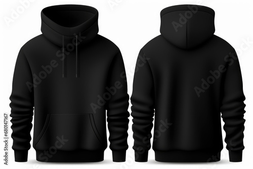 Set of Black front and back view tee hoodie hoody sweatshirt on transparent background cutout, PNG file. Mockup template for artwork graphic design. photo