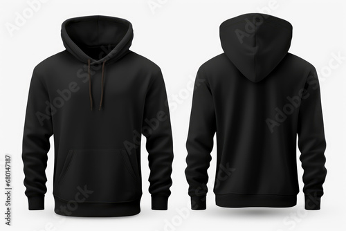 Set of Black front and back view tee hoodie hoody sweatshirt on transparent background cutout, PNG file. Mockup template for artwork graphic design.
