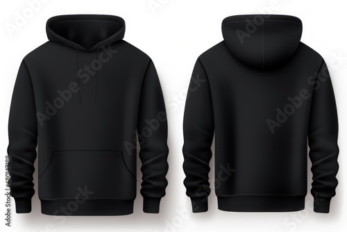 Set of Black front and back view tee hoodie hoody sweatshirt on transparent background cutout, PNG file. Mockup template for artwork graphic design. photo