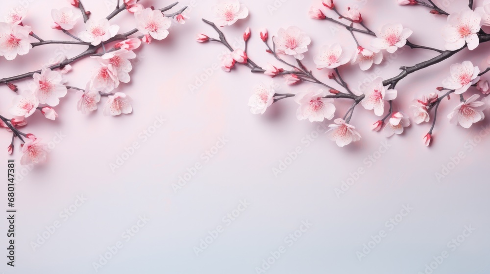 Elegant cherry blossoms on branches with pastel colored backdrop. Springtime freshness. Elegant cherry blossoms on branches with pastel colored backdrop. Springtime freshness.