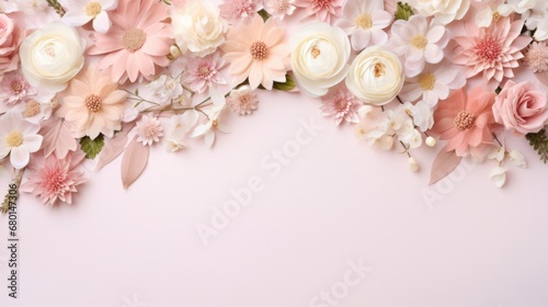 Array of flowers forming a semi-circle with varying shades of pink and white blooms. Nature and floral art.
