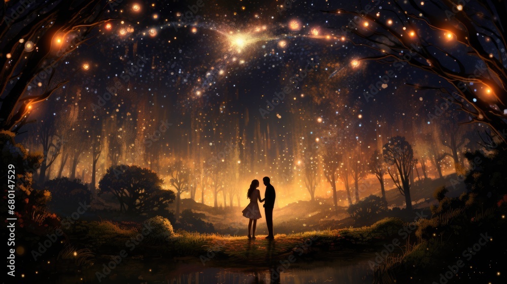 Enchanted evening silhouette, couple holding hands under mystical orange sky.