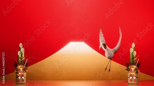 優雅に舞い降りて新年を告げる鶴 / 謹賀新年 / モーション年賀状 / 3Dレンダリング