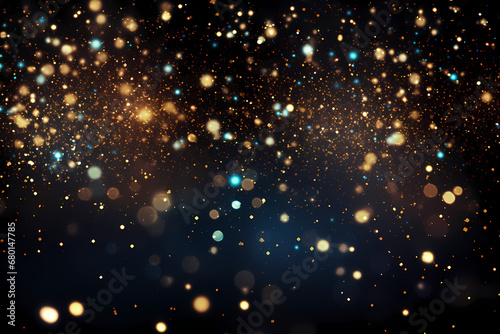 abstract blue and gold background with particles. golden light sparkle and star shape on dark endless space wallpaper. Christmas theme. Shiny texture, galaxy concept - generative ai © JerreMaier