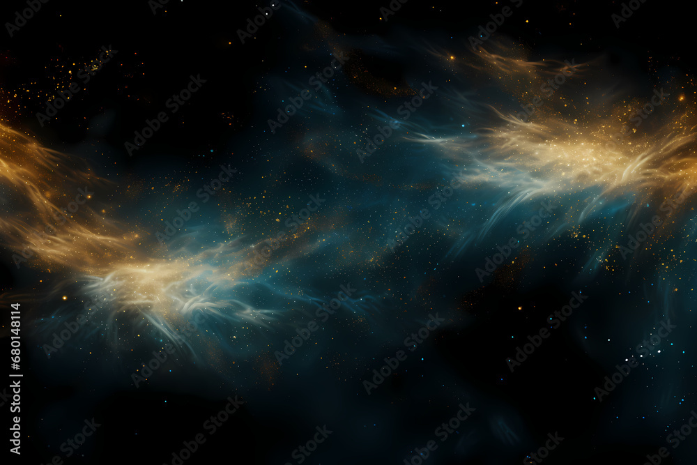 abstract blue and gold background with particles. golden light sparkle and star shape on dark endless space wallpaper. Christmas theme. Shiny texture, galaxy concept - generative ai - obrazy, fototapety, plakaty 