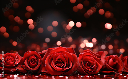 Red roses in focus arranged in a line against a dark background of bokeh lights creating a romantic dreamy mood.