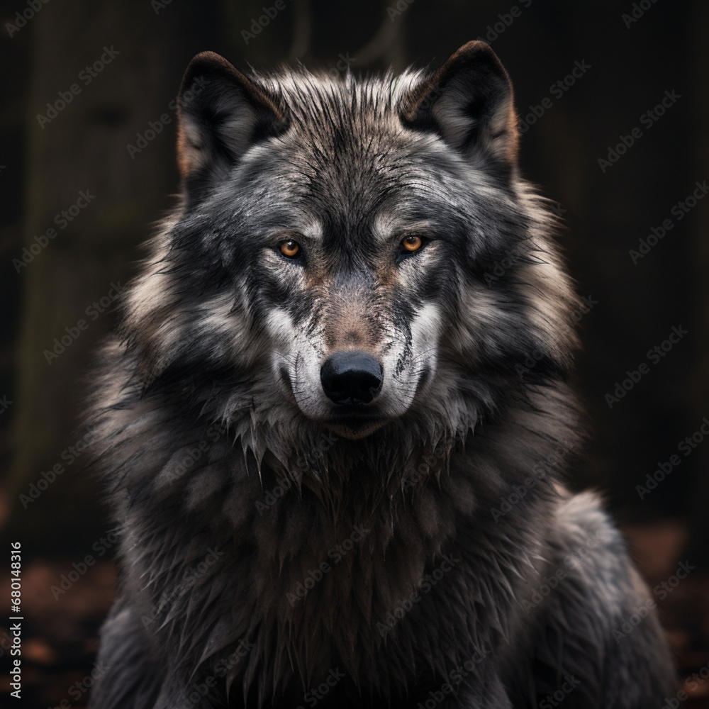 Fototapeta premium A dominant alpha wolf, showcasing its powerful rule and unstoppable dignity created with Generative Ai