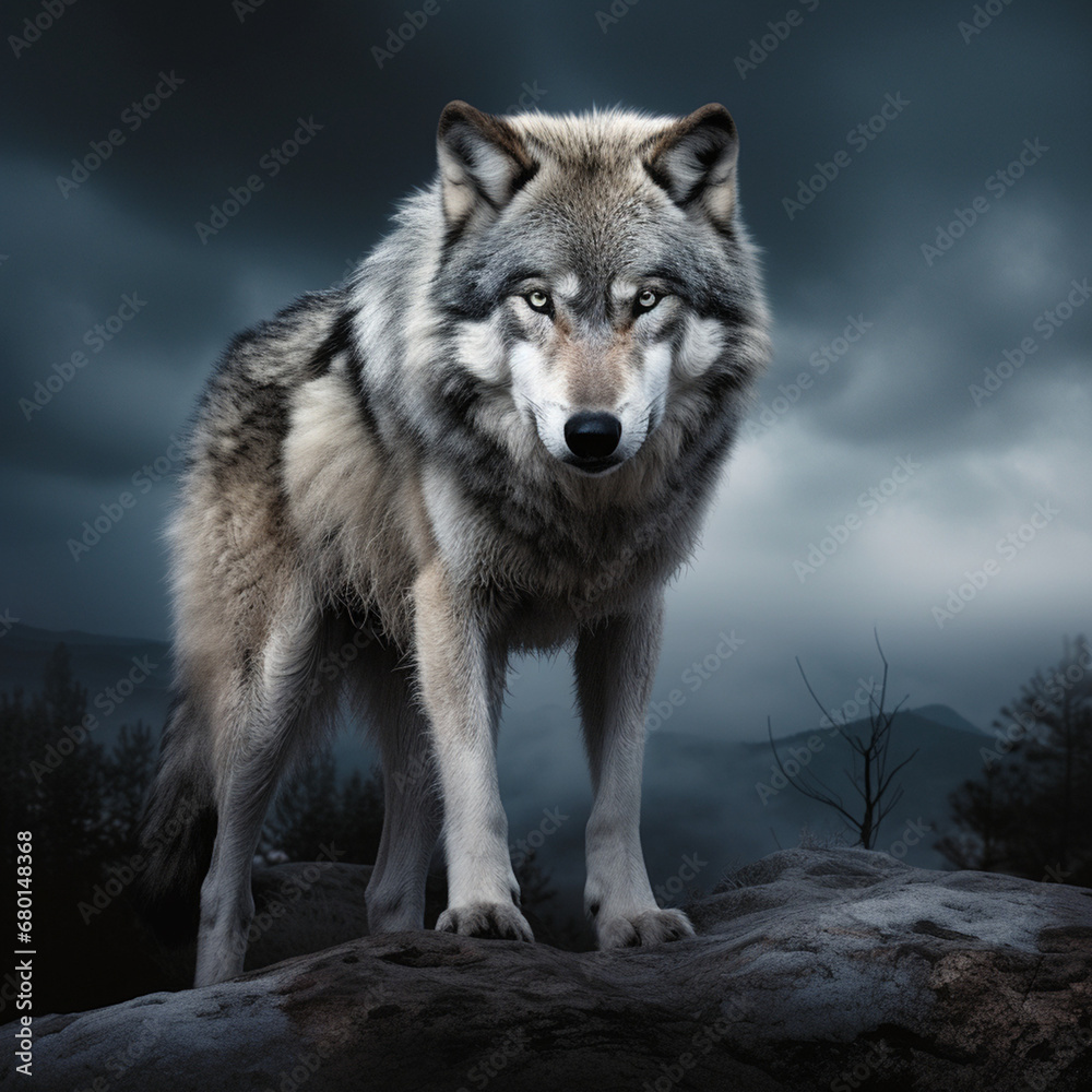 Fototapeta premium A dominant alpha wolf, showcasing its powerful rule and unstoppable dignity created with Generative Ai