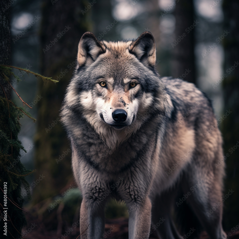 Fototapeta premium A dominant alpha wolf, showcasing its powerful rule and unstoppable dignity created with Generative Ai