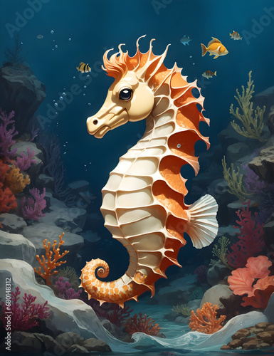 Illustration about a seahorse in the sea with beautiful corals, vector style. ai generative
