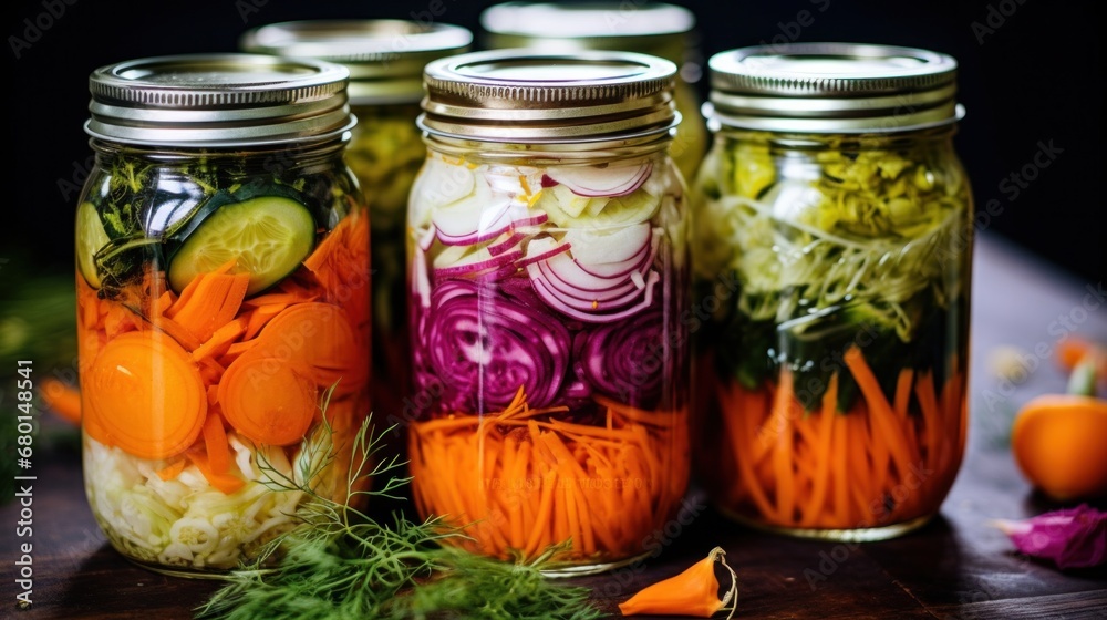 Array of pickled vegetables in jars on dark background, showcasing variety of sliced cucumbers, carrots, and onions.