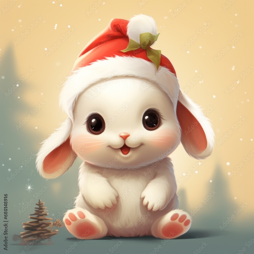 Festive season warmth, adorable bunny with Santa hat, miniature pine tree, holiday spirit, wintertime joy, digital art