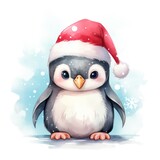 Charming baby penguin dressed in festive Christmas attire, standing against a backdrop of falling snow. Joyful season and animal illustration.