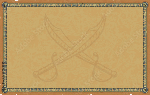 Large Medieval Parchment with Celtic Knot Frame, Fantasy Icons, Crossed Sabres