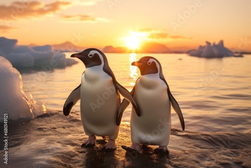 Global warming and ecosystems, penguins standing together facing sunrise in a dwindling habitat © Postproduction