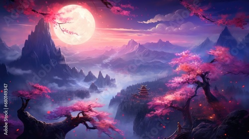 Illuminated pagodas and bridges over serene waters surrounded by cherry blossoms. Enchanted night concept.