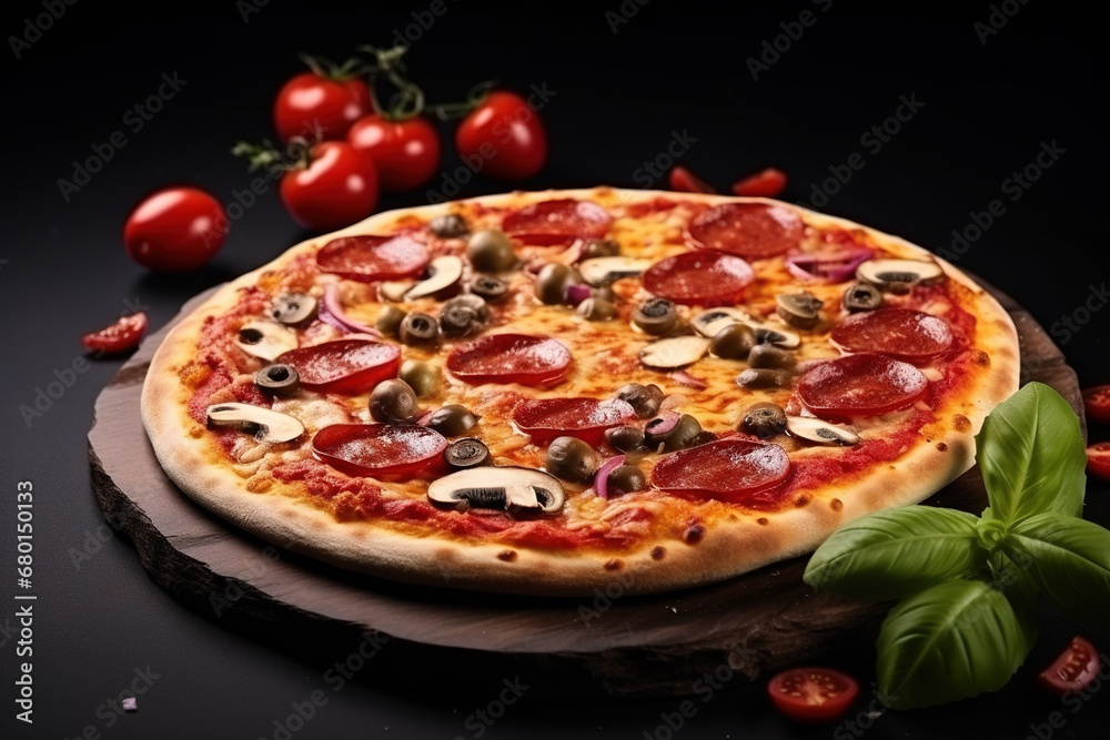 Pizza with pepperoni, mushrooms, olives, and tomatoes