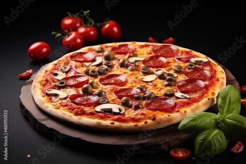 Pizza with pepperoni, mushrooms, olives, and tomatoes