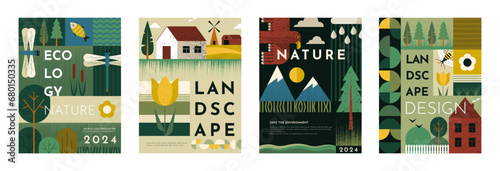 Nature posters. Countryside house. Farm plants. Geometric summer landscape. Garden flowers. Forest trees. Mill and field barn. Flat collage pattern. Vector abstract cards design set