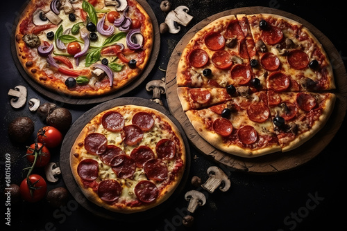 Pizza with pepperoni, mushrooms, olives, and tomatoes