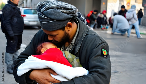 Soldier hug to homeless baby, baby homeless, cute baby, brave soldier, soldier on street