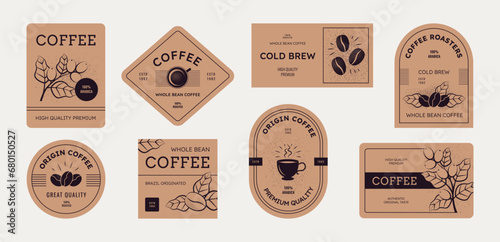 Coffee bean package. Label, stamp or sticker, logo for organic cafe with cup and tree, vintage sign. Packaging with branches, roasted seeds and cups. Hot beverage vector design illustration