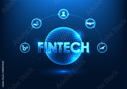 Fintech technology Fintech is inside the technology circle with finance icons. Shows financial institutions that have adopted technology. including the use of artificial intelligence