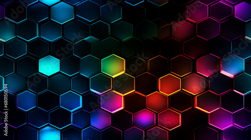 A colorful glowing honeycomb pattern grunge style on a black background. Colorful hexagon shapes. © Aisyaqilumar