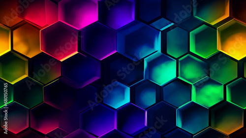 A colorful glowing honeycomb pattern grunge style on a black background. Colorful hexagon shapes.