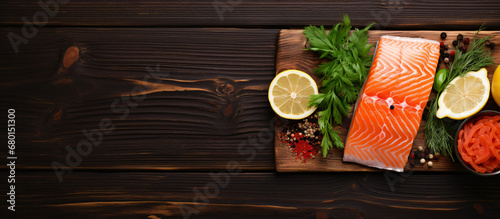  Raw fresh salmon fillet with aromatic herbs, spices, salt and lemon on wooden background. Healthy food concept, diet or cooking, protein product. Copyspace. Banner