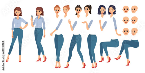 Woman character. 2d people person, head and different poses, haircuts and emotions tutorial, back to office workers side. Cute girl in casual clothes. Vector design, cartoon flat illustration